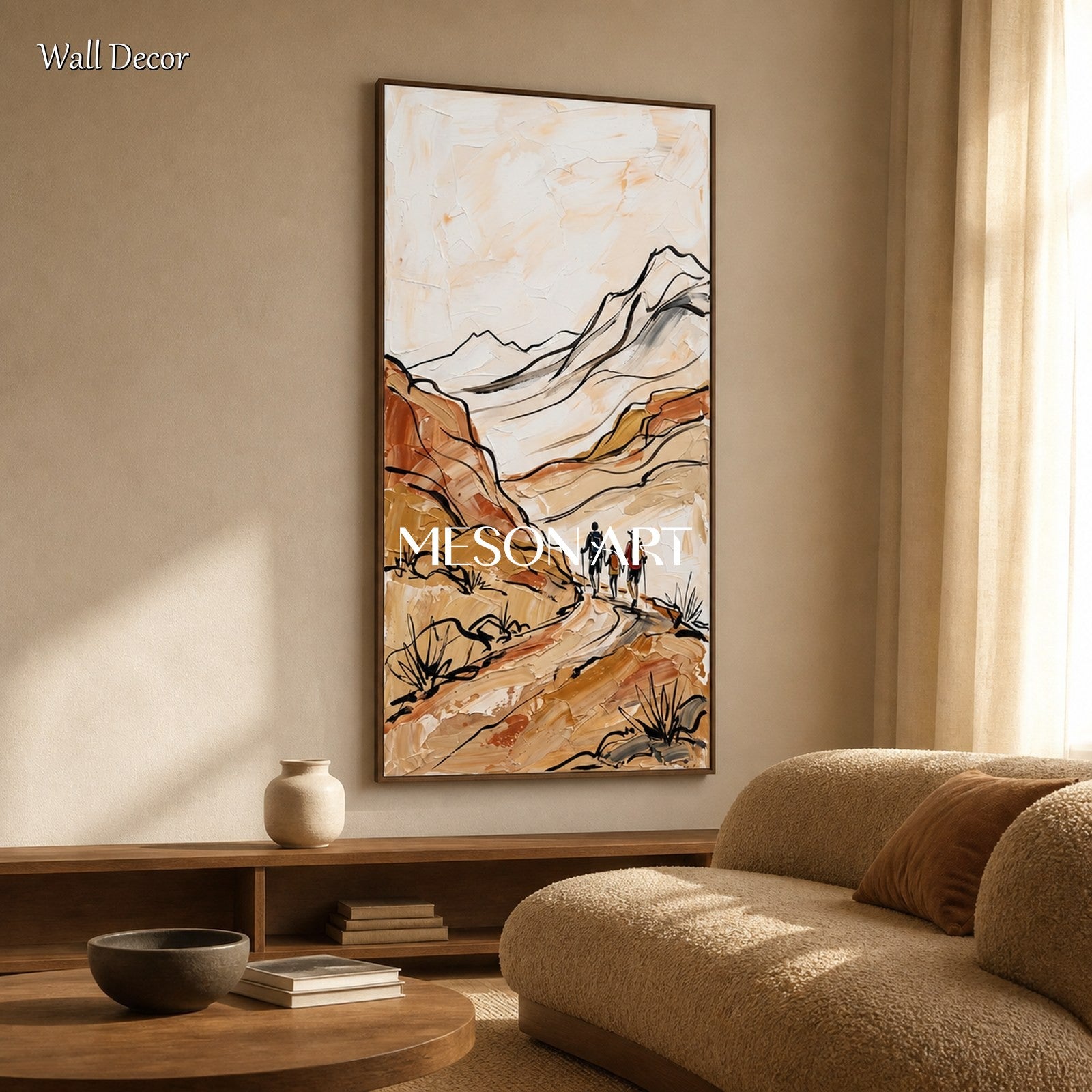 Beige And Brown Contemporary Hiking Landscape Panoramic Wall Art Original Artist Hand Painted Nature Adventure By Mesonart