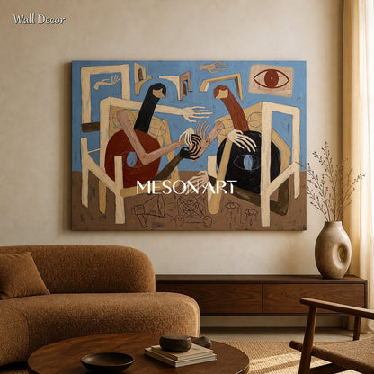 Blue And Brown Abstract Expressionist Figurative Painting Rectangular Wall Art For Living Room By Mesonart