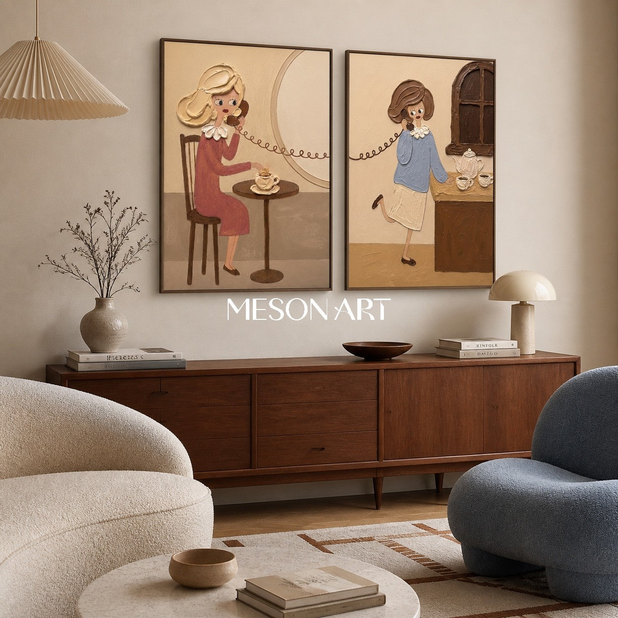 Vintage-Pop-Art-Gemälde für die Schlafzimmerwand mit strukturierten Figuren in Beige- und Rosatönen