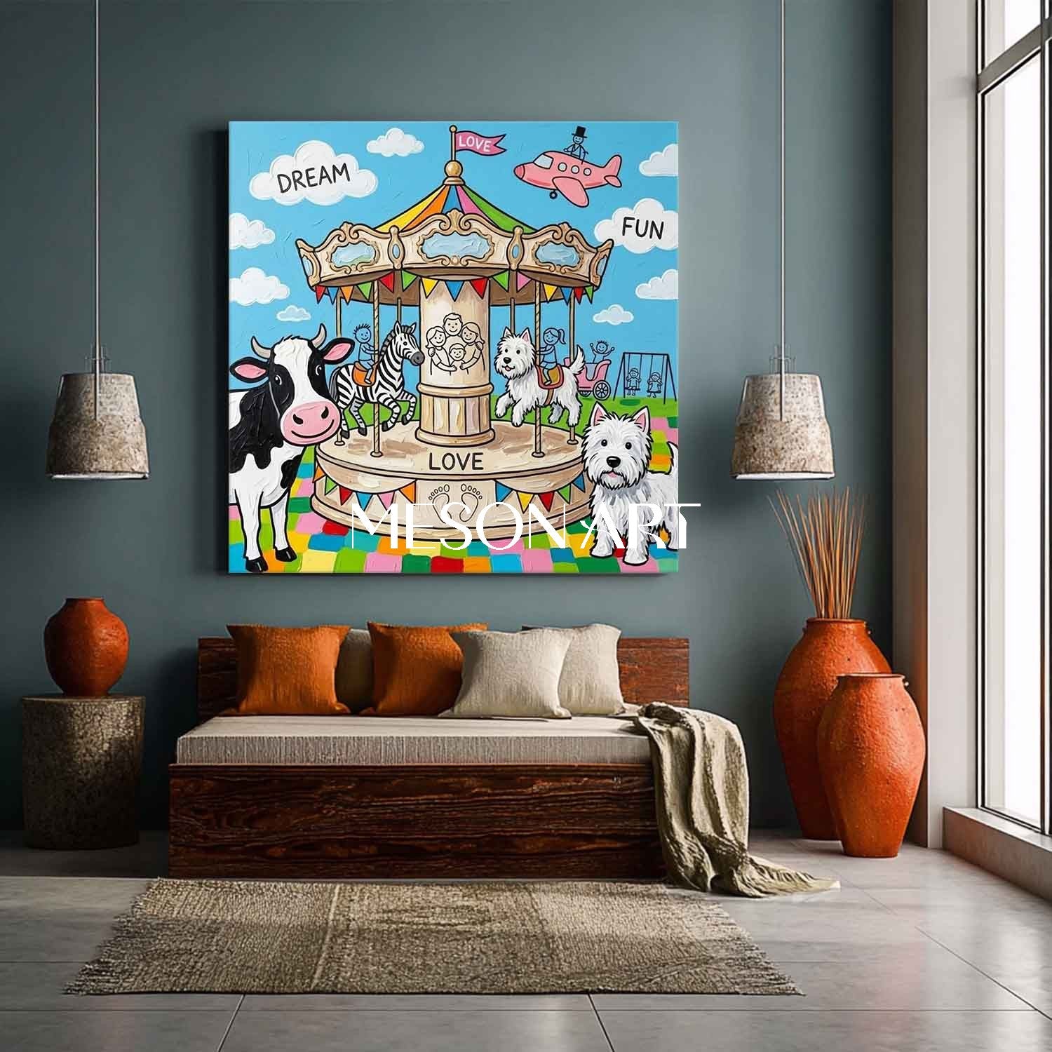 Whimsical Carousel Animal Painting For Kids Room Wall Art With Love And Dream Themes