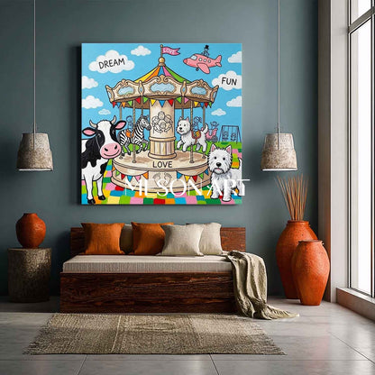 Stravagante carosello di animali dipinto per la stanza dei bambini Arte da parete con temi di amore e sogno