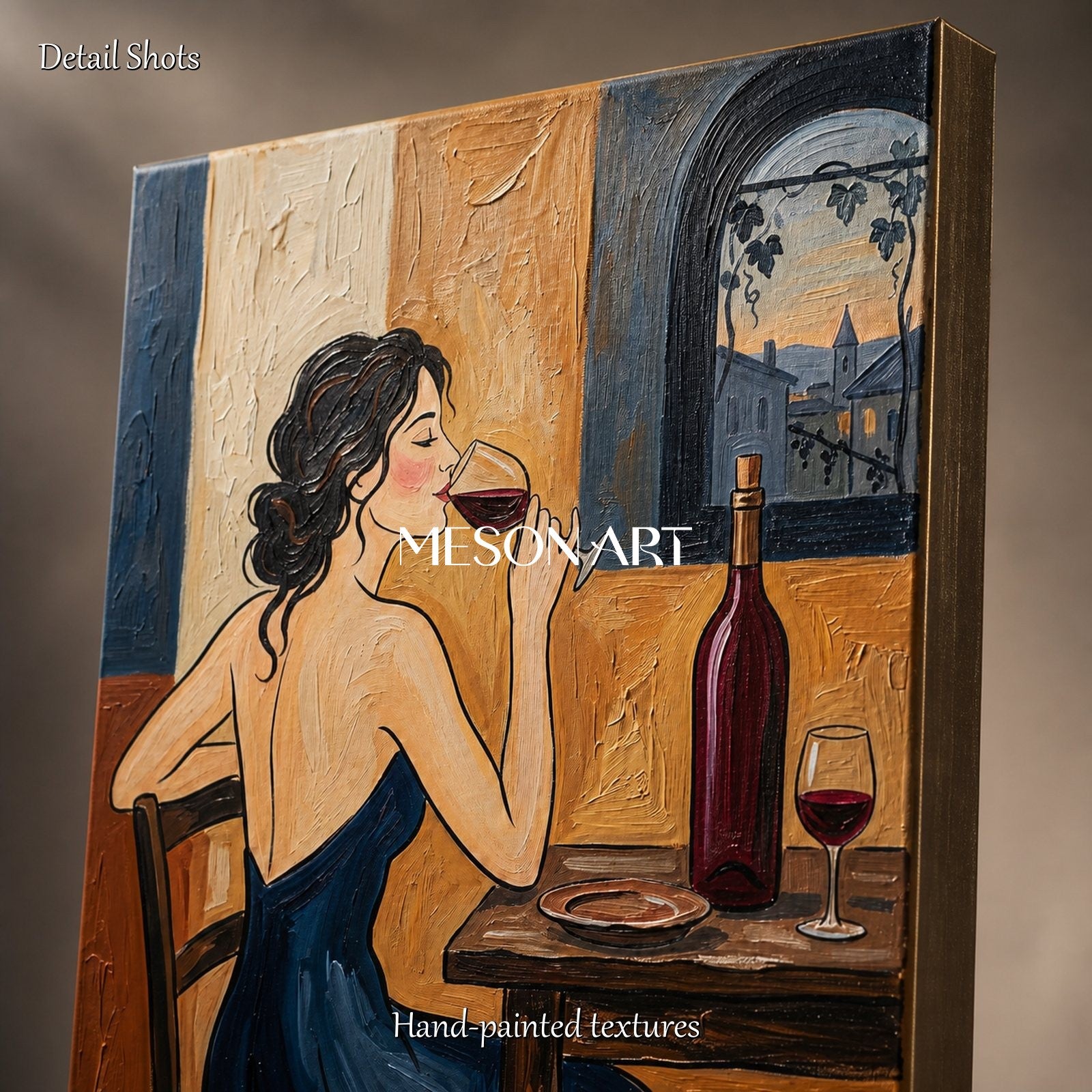 Blue And Brown Figurative Painting Original Contemporary Art Wine Tasting Scene Rectangular Wall Decor For Dining Room By Mesonart