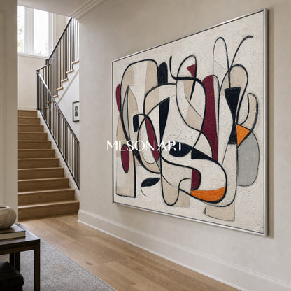 Arte murale orizzontale astratta con linee neutre beige e nere per l'arredamento del soggiorno moderno