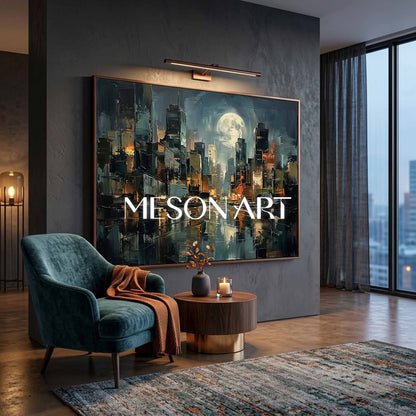 Abstract Cityscape Oil Painting With Textured Plaster Effect For Modern Living Room Decor