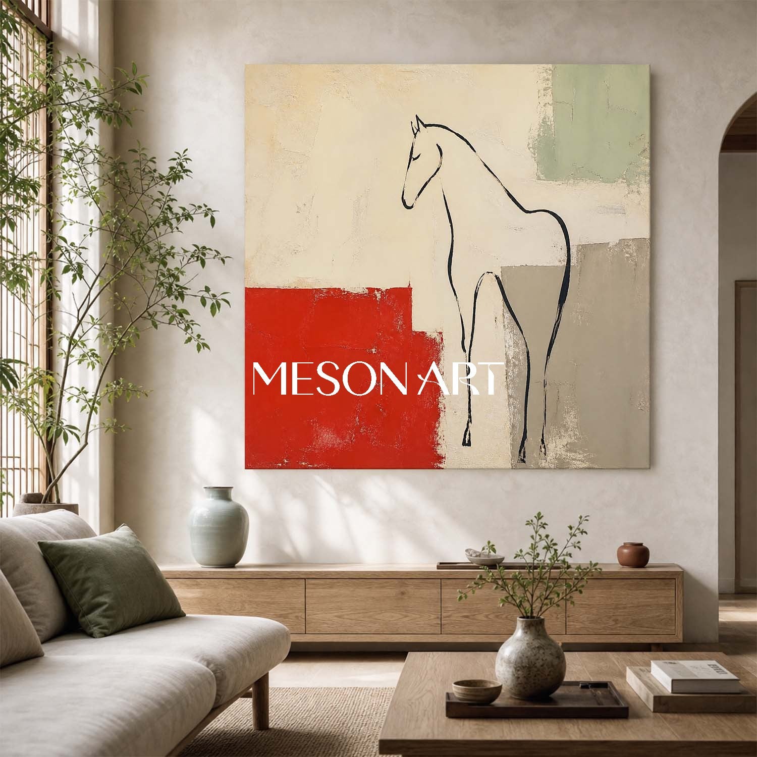 Minimalist Horse Painting With Red Accent For French Romantic Living Room Decor