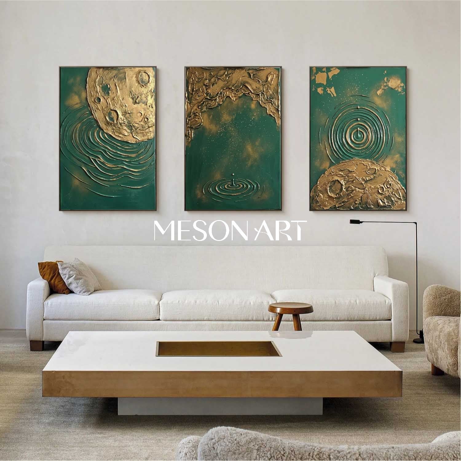 Green And Gold Textured Abstract Triptych Art For Modern Living Room Entryway Decor