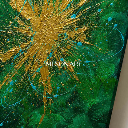 Emerald Green And Gold Abstract Painting With Textured Relief For Modern Living Room Decor
