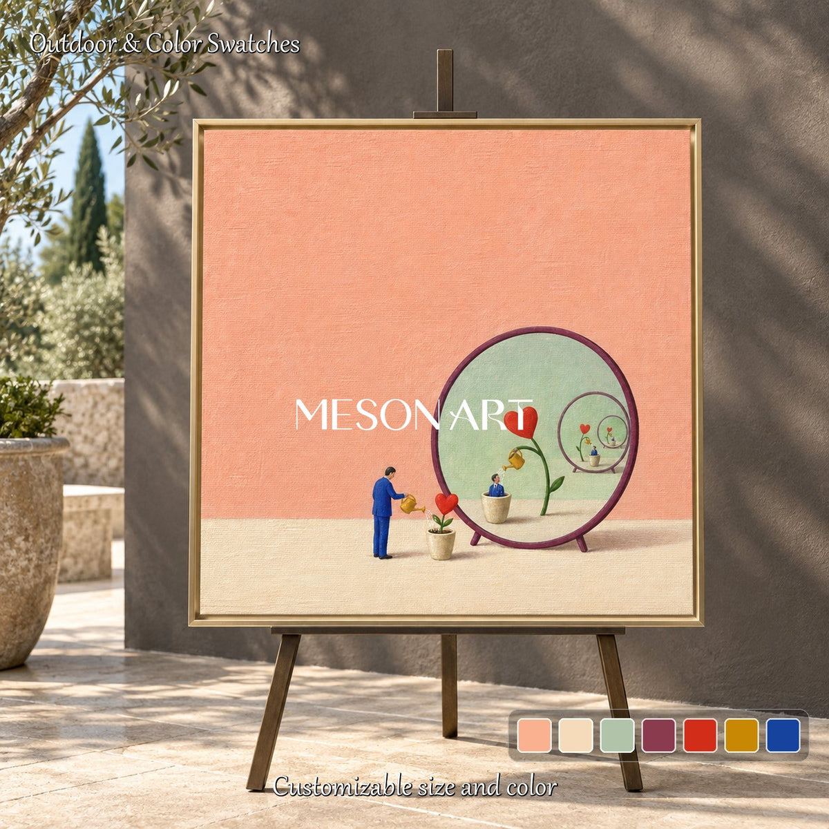 Surrealistisches Spiegelbild in Rosa und Rot – quadratisches Wandbild, Original, handgemalt vom Künstler Mesonart