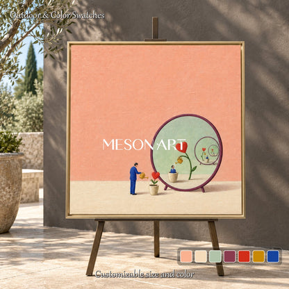 Surrealistisches Spiegelbild in Rosa und Rot – quadratisches Wandbild, Original, handgemalt vom Künstler Mesonart