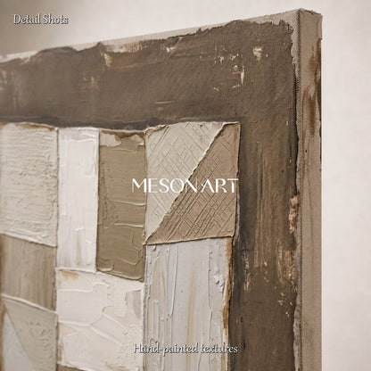 Earthen Silence Abstract Painting In Brown And White With Textured Plaster For Japandi Living Room Decor