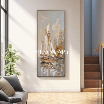 Art Deco Sailboat Painting With Gold Accents For Coastal Living Room Decor