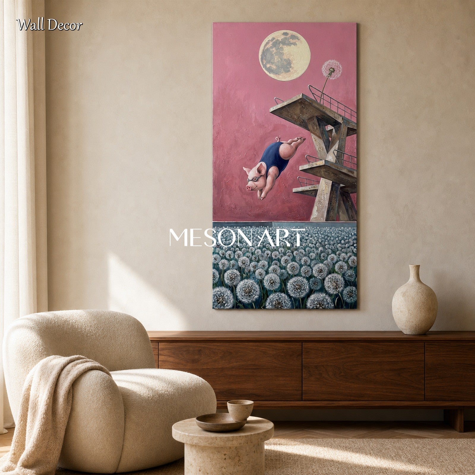 Pink And White Surrealist Painting Of Diver Panoramic Wall Art Original Artist By Mesonart