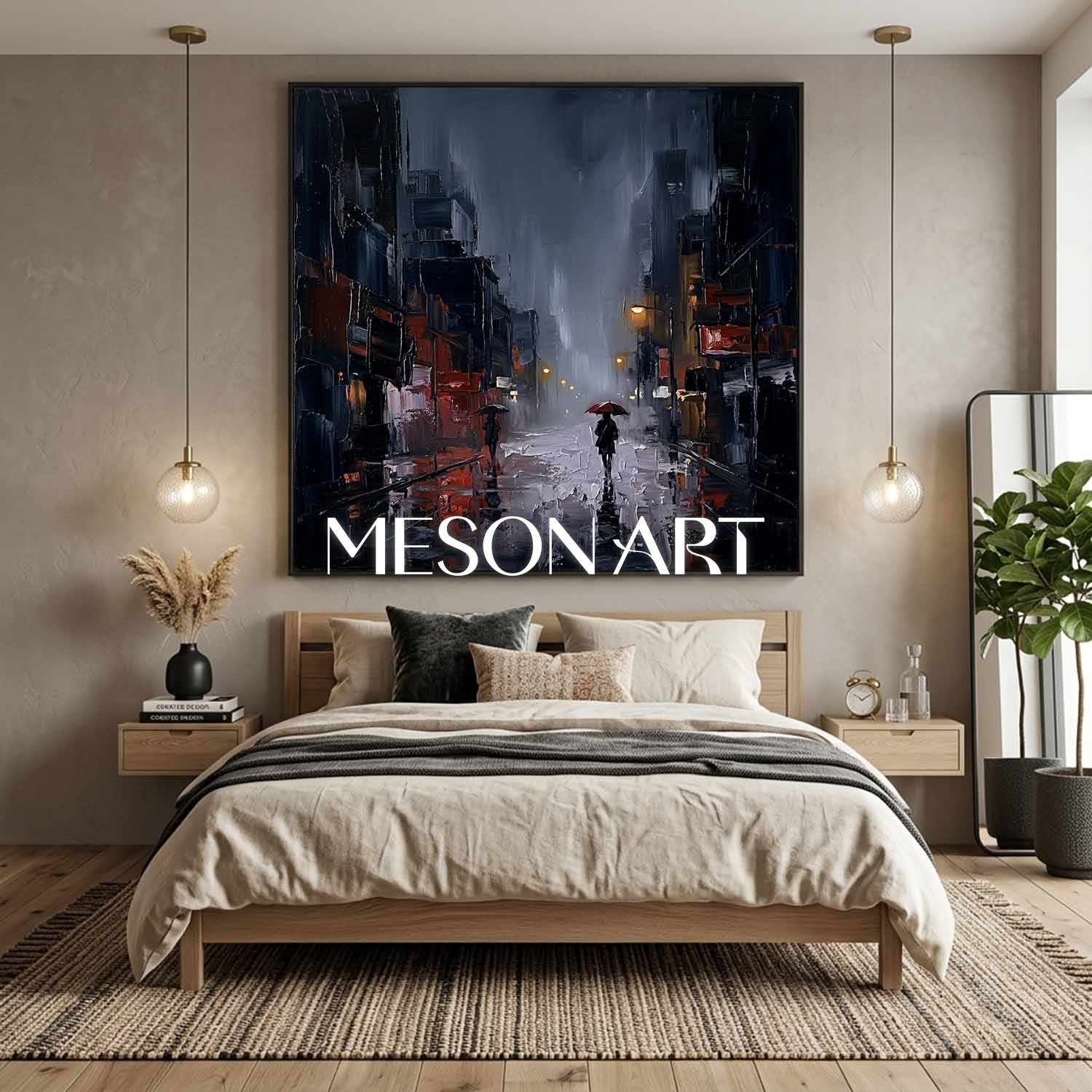 Abstract City Rain Painting With Plaster Texture For Modern Living Room And Office Decor