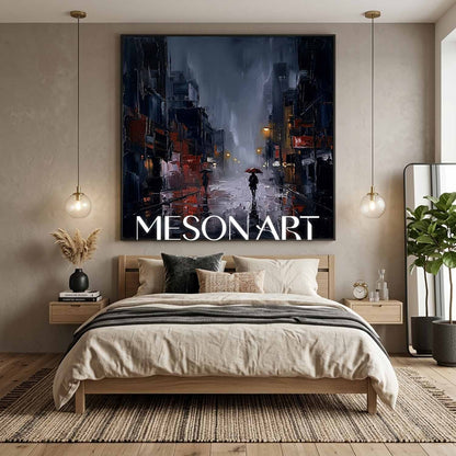 Abstract City Rain Painting With Plaster Texture For Modern Living Room And Office Decor