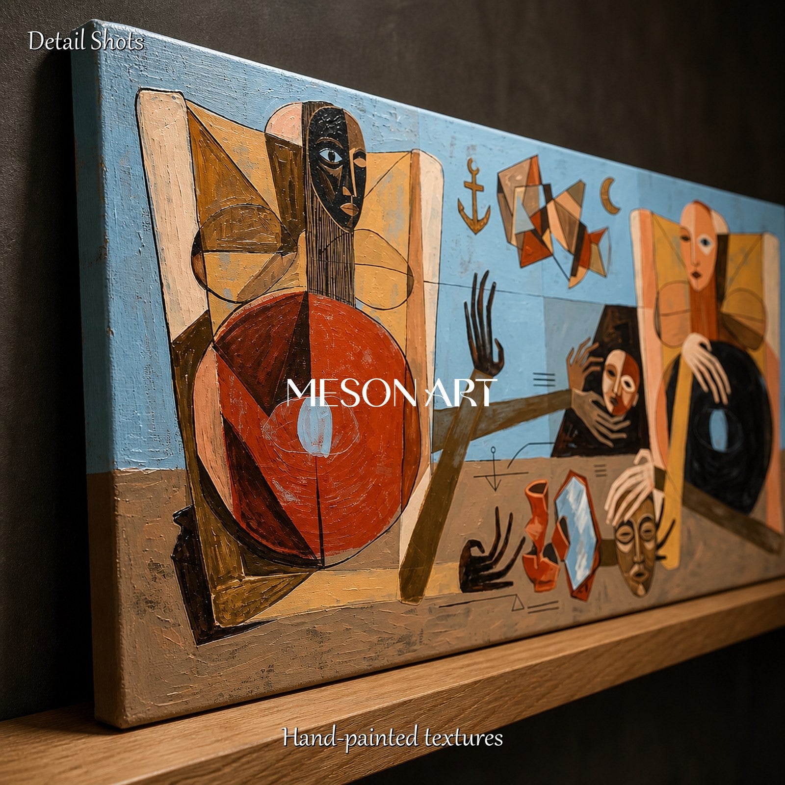Blue And Brown Expressionist Figurative Abstract Painting Panoramic Wall Art For Living Room By Mesonart