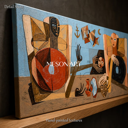 Blue And Brown Expressionist Figurative Abstract Painting Panoramic Wall Art For Living Room By Mesonart