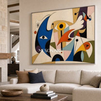 Pittura astratta surrealista con toni blu e arancioni per l'arredamento moderno della casa