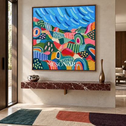 Blue And Green Abstract Landscape Painting Square Wall Art For Living Room By Mesonart