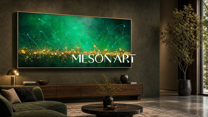 Large Emerald Green And Gold Abstract Painting On Canvas For Modern Living Room Decor