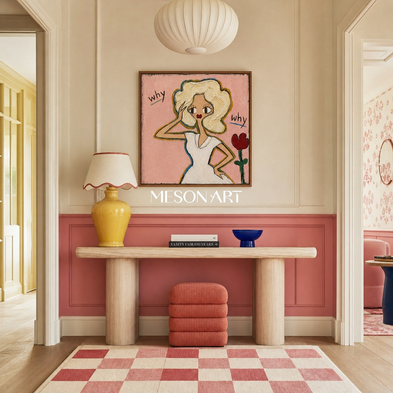 Whimsical Pink Pop Art Painting With Textured Brushwork For Bedroom Entryway Kids Room Decor