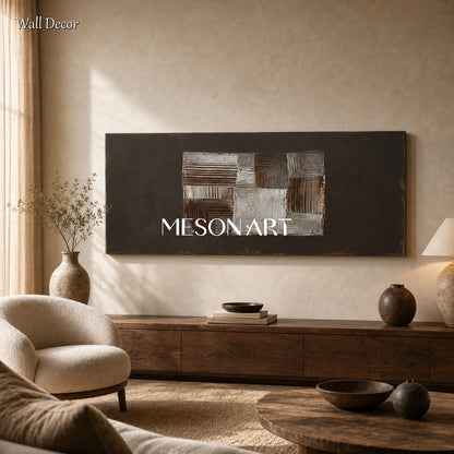 Large Brown Abstract Painting With Textured Relief For Executive Office Decor