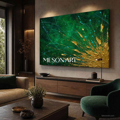 Green And Gold Abstract Painting With Fluid Motion Texture For Living Room Decor
