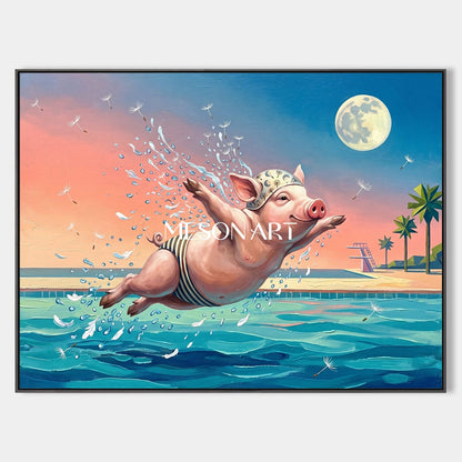 Pink And Blue Surrealist Painting Of A Pig Rectangular Wall Art Original Artist Hand Painted For Living Room By Mesonart
