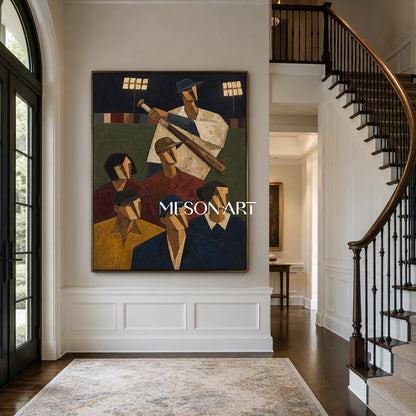 Expressionist Baseball Painting With Geometric Figures For Modern Living Room Decor