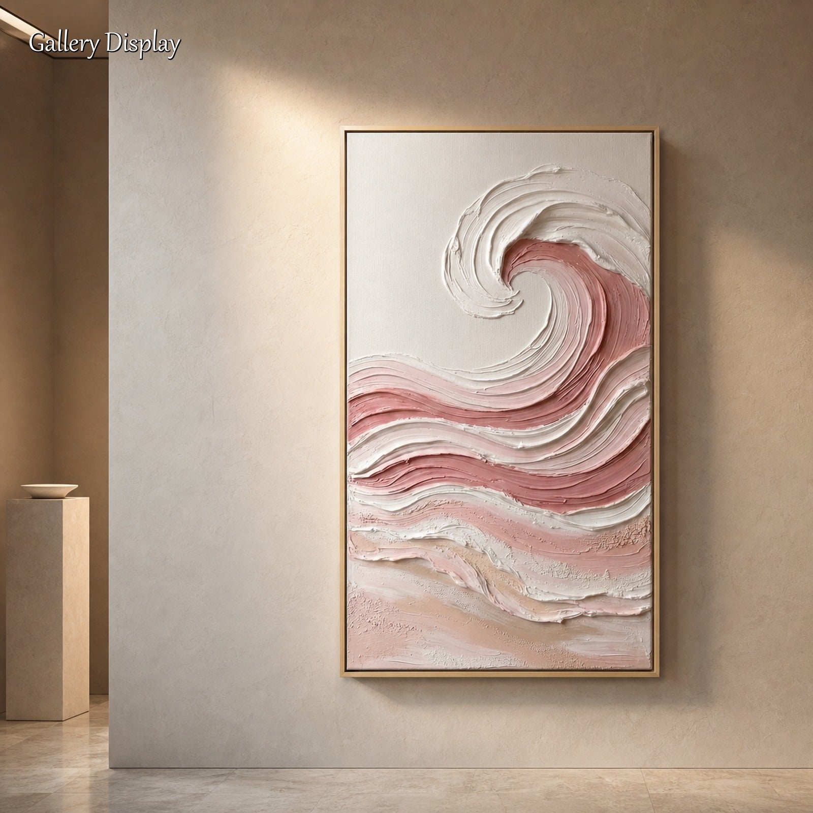 Pink Ocean Wave Textured Art With Gold Frame For Modern Bedroom Decor