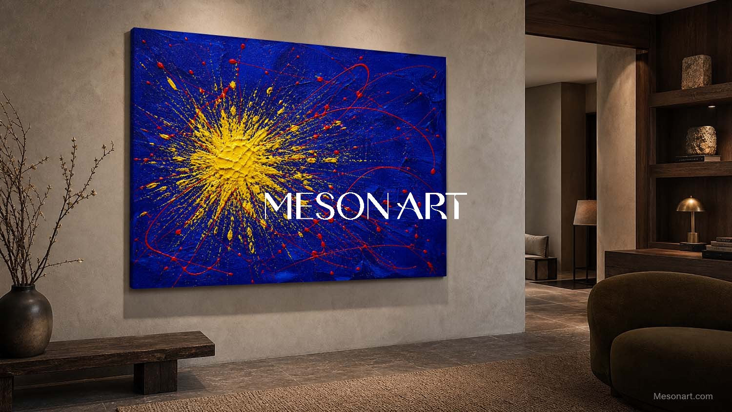 Blue And Yellow Pollock Abstract Painting With Red Splatter For Modern Living Room Decor