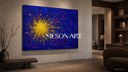 Blue And Yellow Pollock Abstract Painting With Red Splatter For Modern Living Room Decor