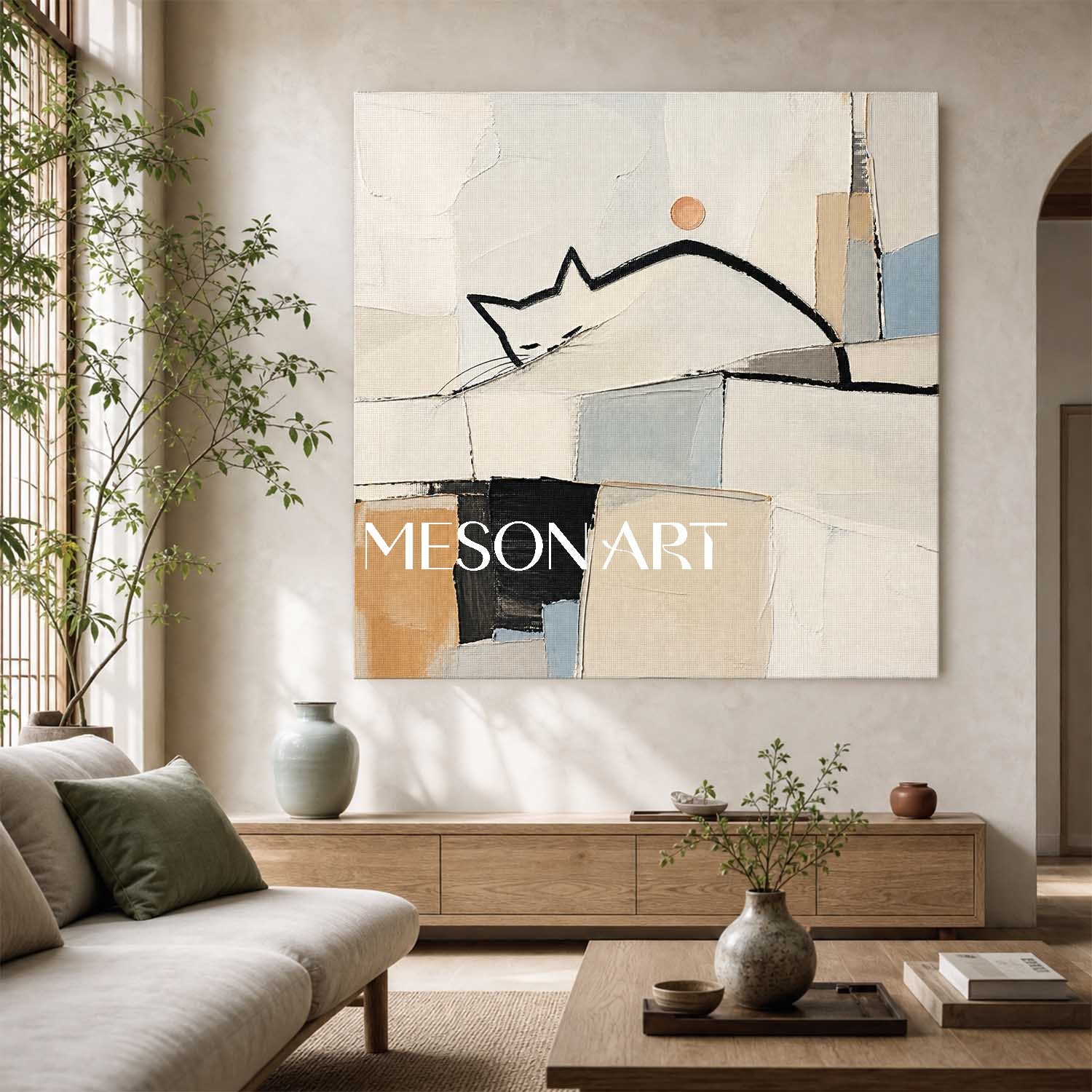 Minimalist Cat Abstract Painting On Linen Canvas With Soft Brushwork For Living Room