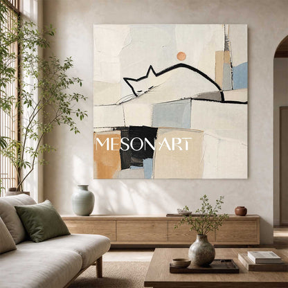 Minimalist Cat Abstract Painting On Linen Canvas With Soft Brushwork For Living Room