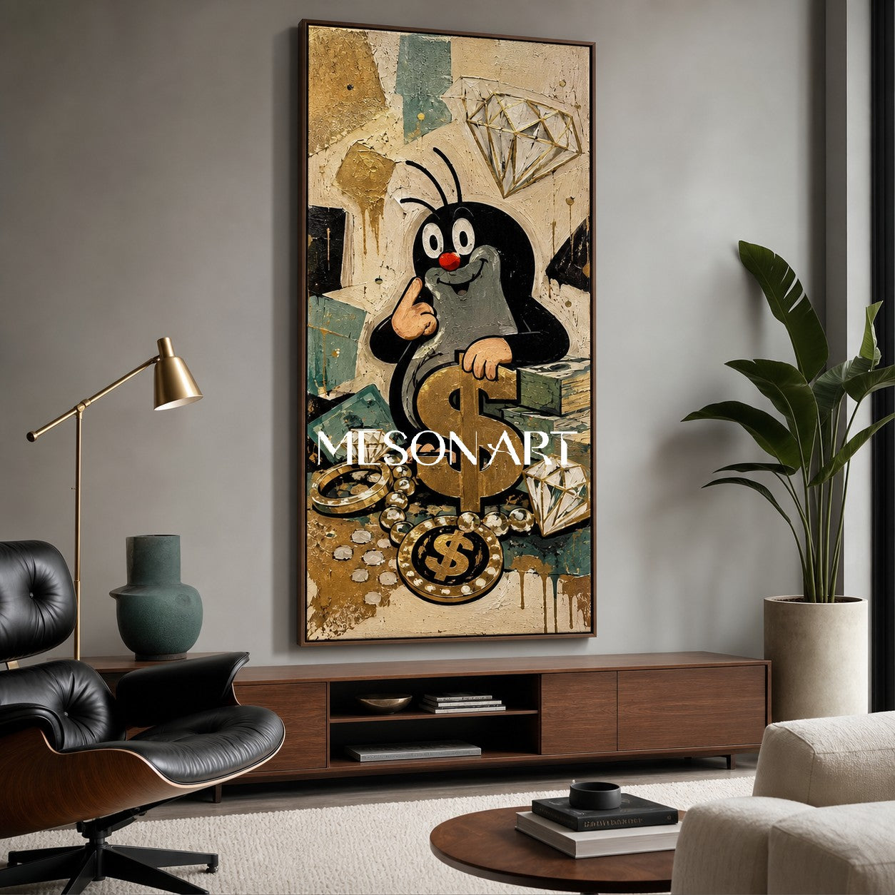 Cartoon Mole Graffiti Art With Gold Dollar Signs For Modern Living Room Decor