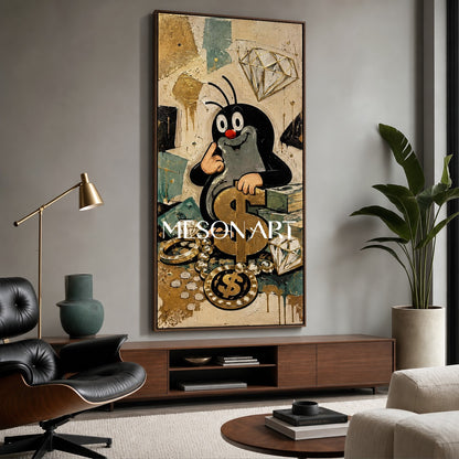 Cartoon Mole Graffiti Art With Gold Dollar Signs For Modern Living Room Decor