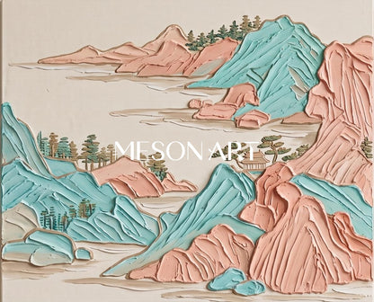 Beige And Blue Modern Impasto Mountain Painting Rectangular Wall Art For Living Room By Mesonart