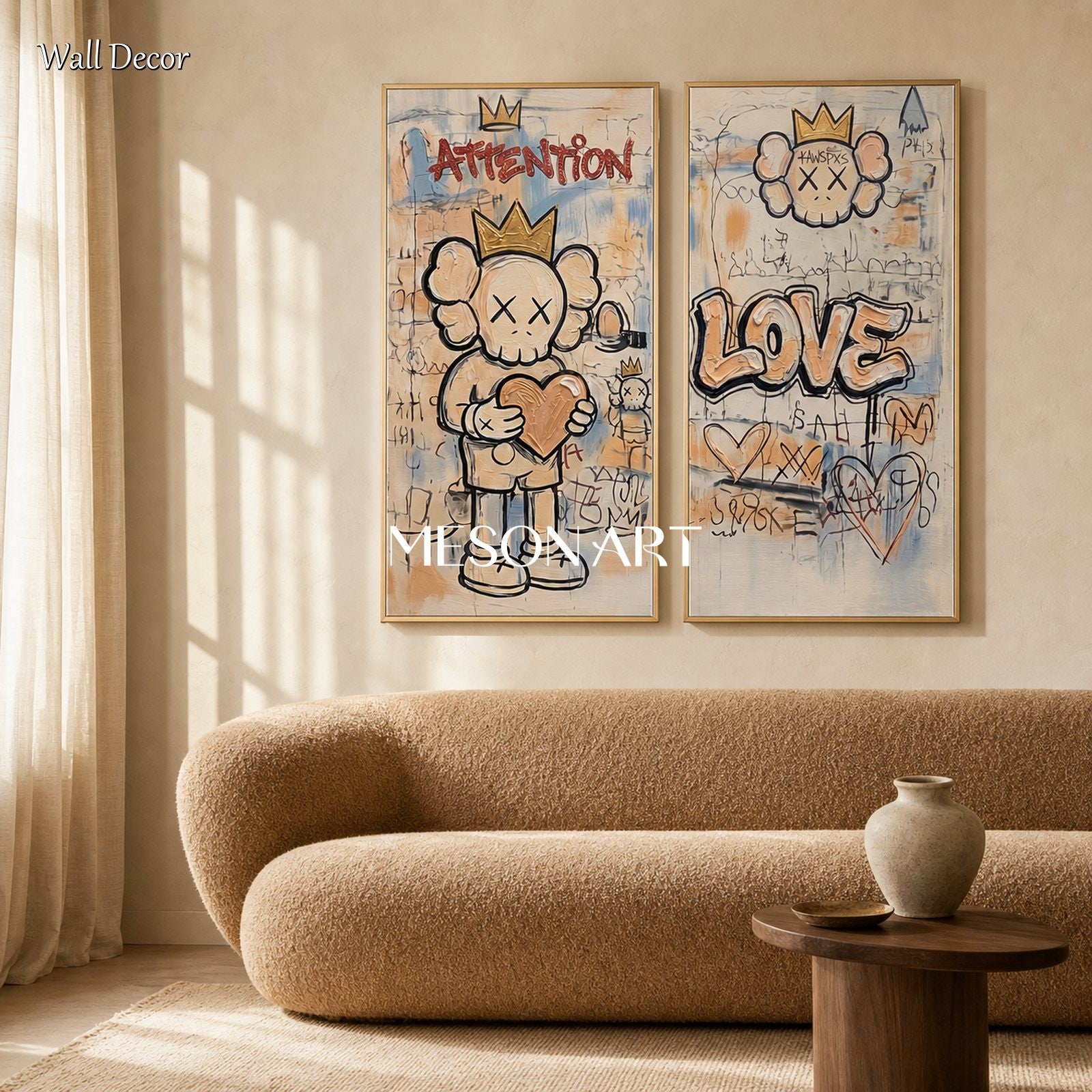 Large Beige Kaws Original Artwork Set With Gold Crown And Heart Motifs For Modern Living Room Decor