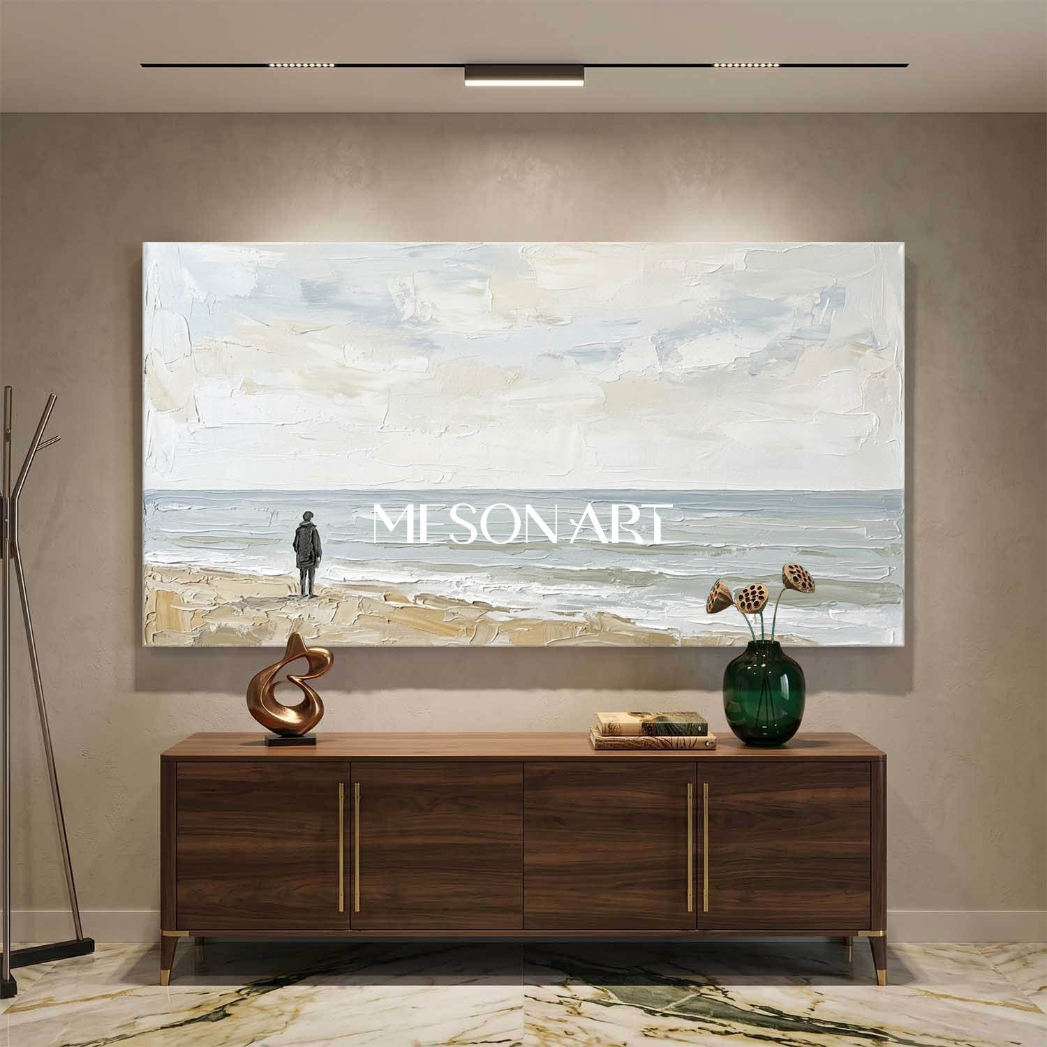 Large Textured Beach Wall Art In Beige And Grey Tones For Japandi Style Home Office And Entryway
