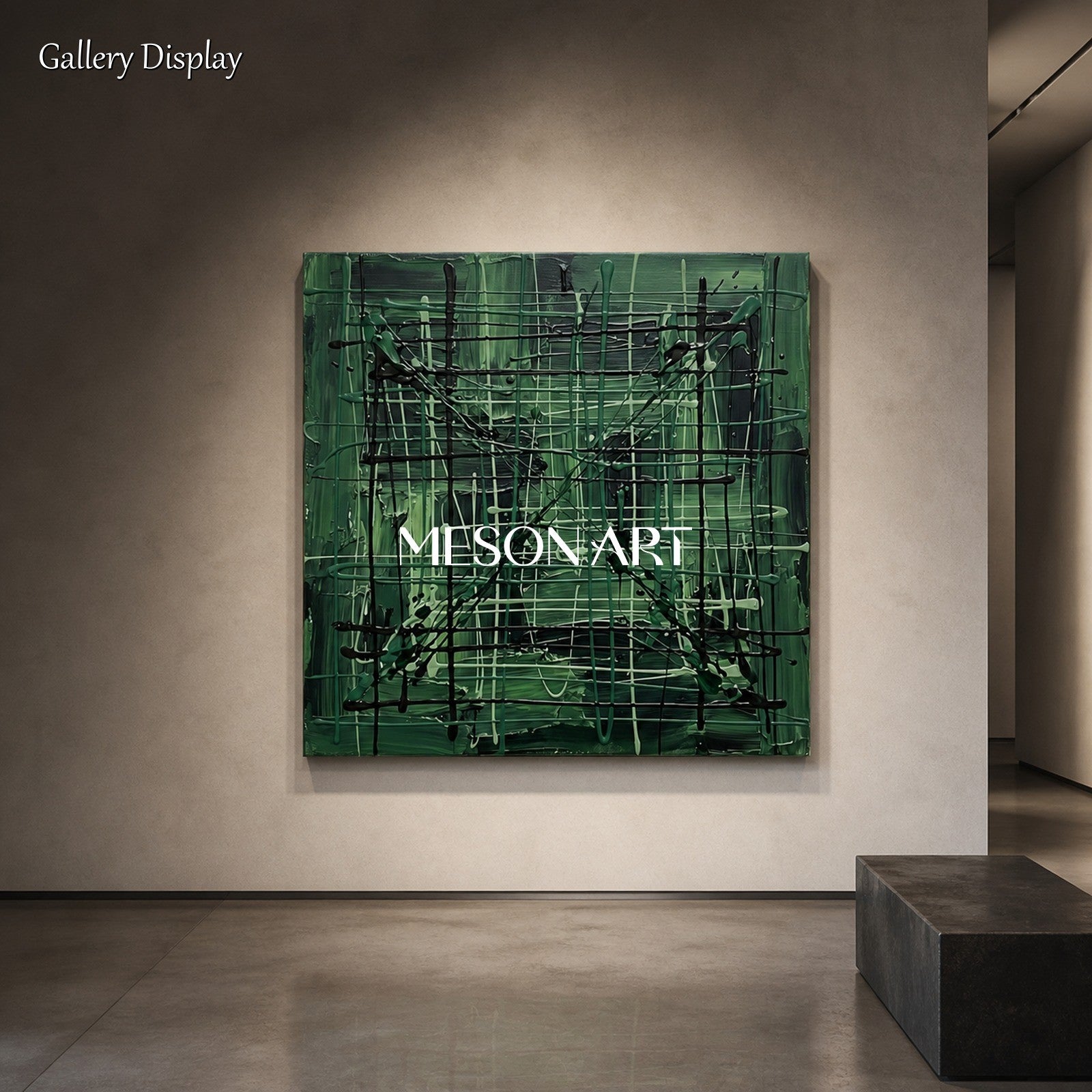 Green And Black Pollock Inspired Abstract Painting Square Wall Art For Living Room By Mesonart