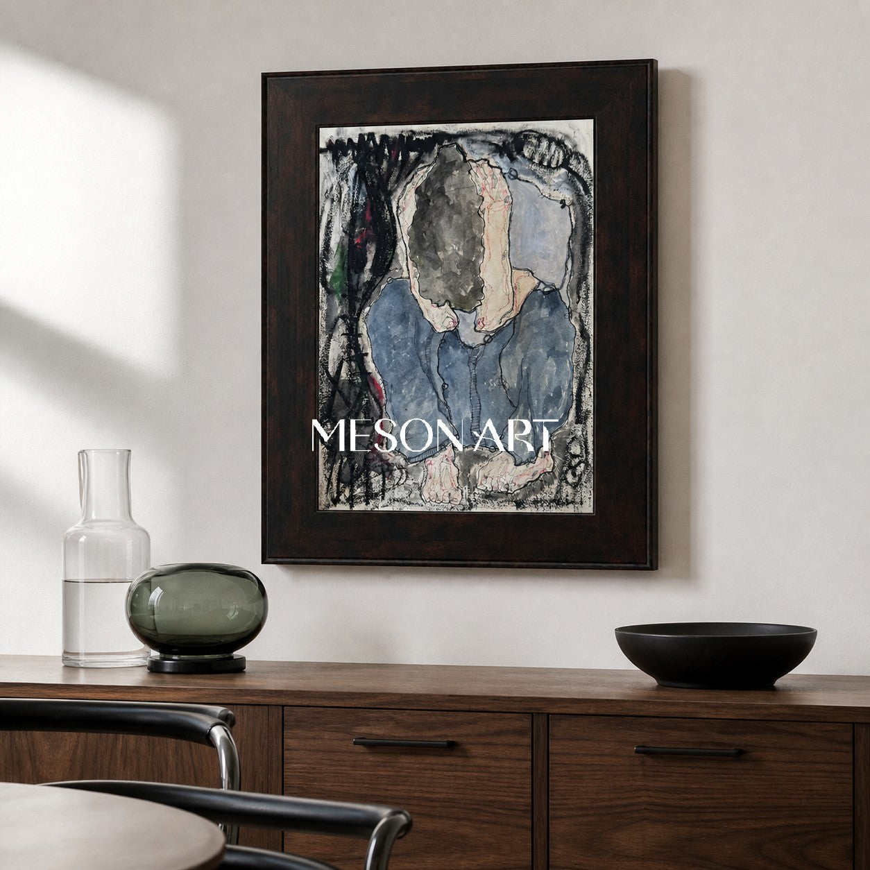 Blue And Black Figurative Portrait Painting Contemporary Original Artwork Rectangular Wall Art By Mesonart