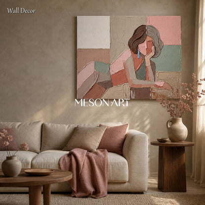 Pink And Brown Painting Modern Portrait Contemporary Figurative Art Original Artist Hand Painted Rectangular Wall Decor For Living Room By Mesonart