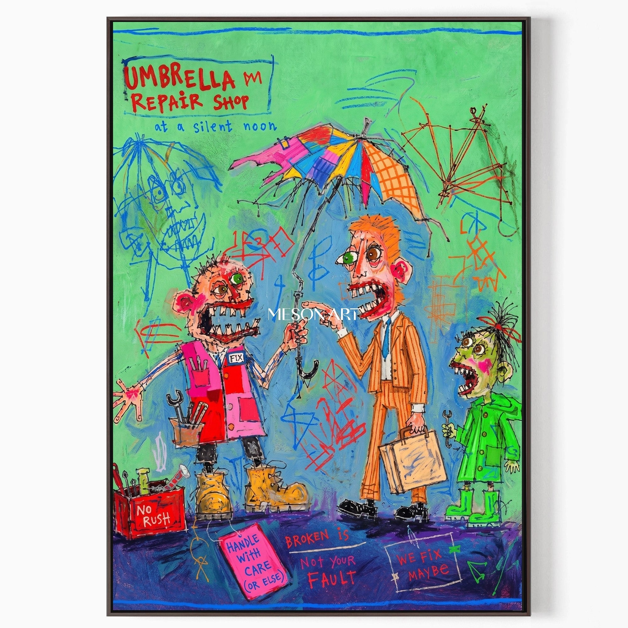 Green And Blue Graffiti Narrative Figurative Cartoon Art Rectangular Wall Decor For Living Room By Mesonart