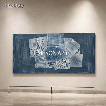 Blue Minimalist Abstract Painting With Textured Relief For Modern Living Room Decor