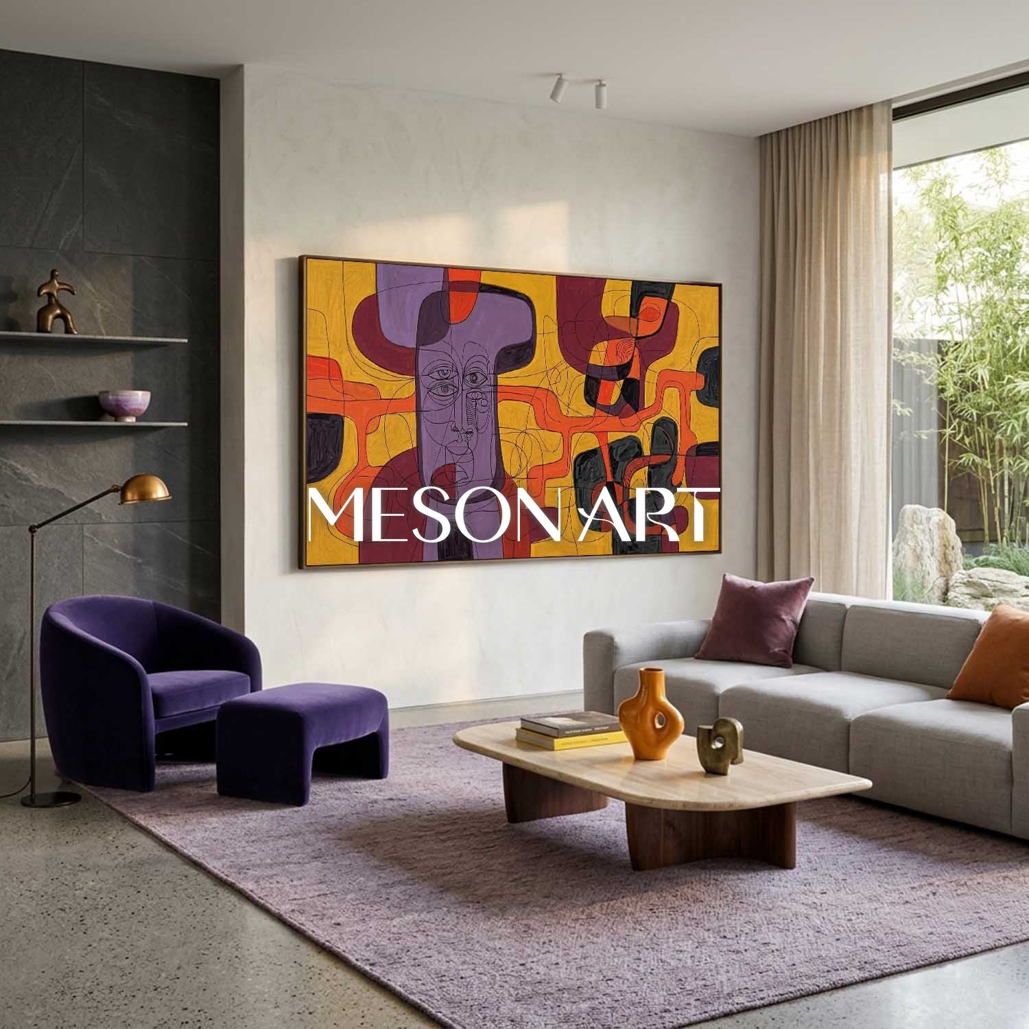 Contemporary Abstract Portrait Painting With Purple And Orange Tones For Modern Living Room Decor