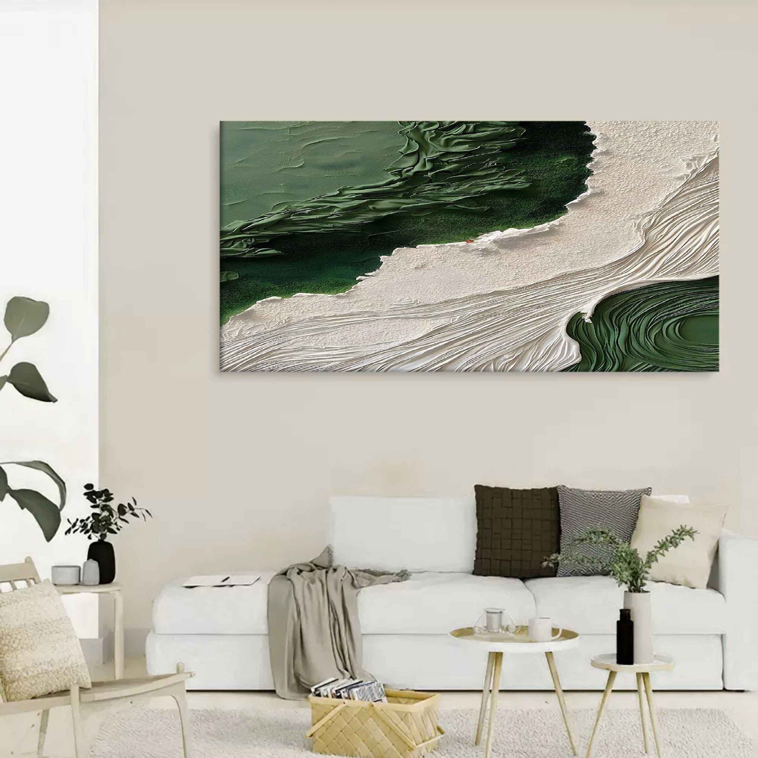 Large 3D Green and White Textured Abstract Canvas Art Wabi-Sabi Art Textured Acrylic Wall Painting