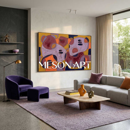 Contemporary Abstract Painting With Amber And Violet Tones For Modern Living Room Decor