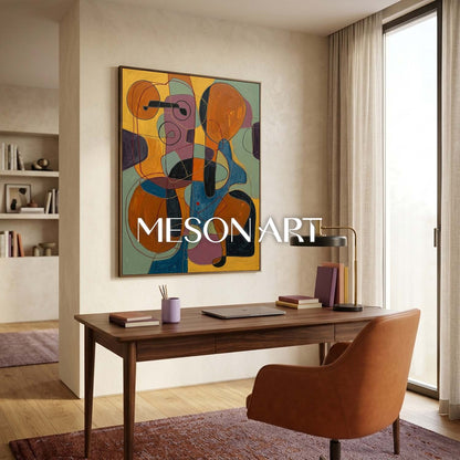 Contemporary Abstract Oil Painting With Orange And Blue Tones For Modern Living Room Decor