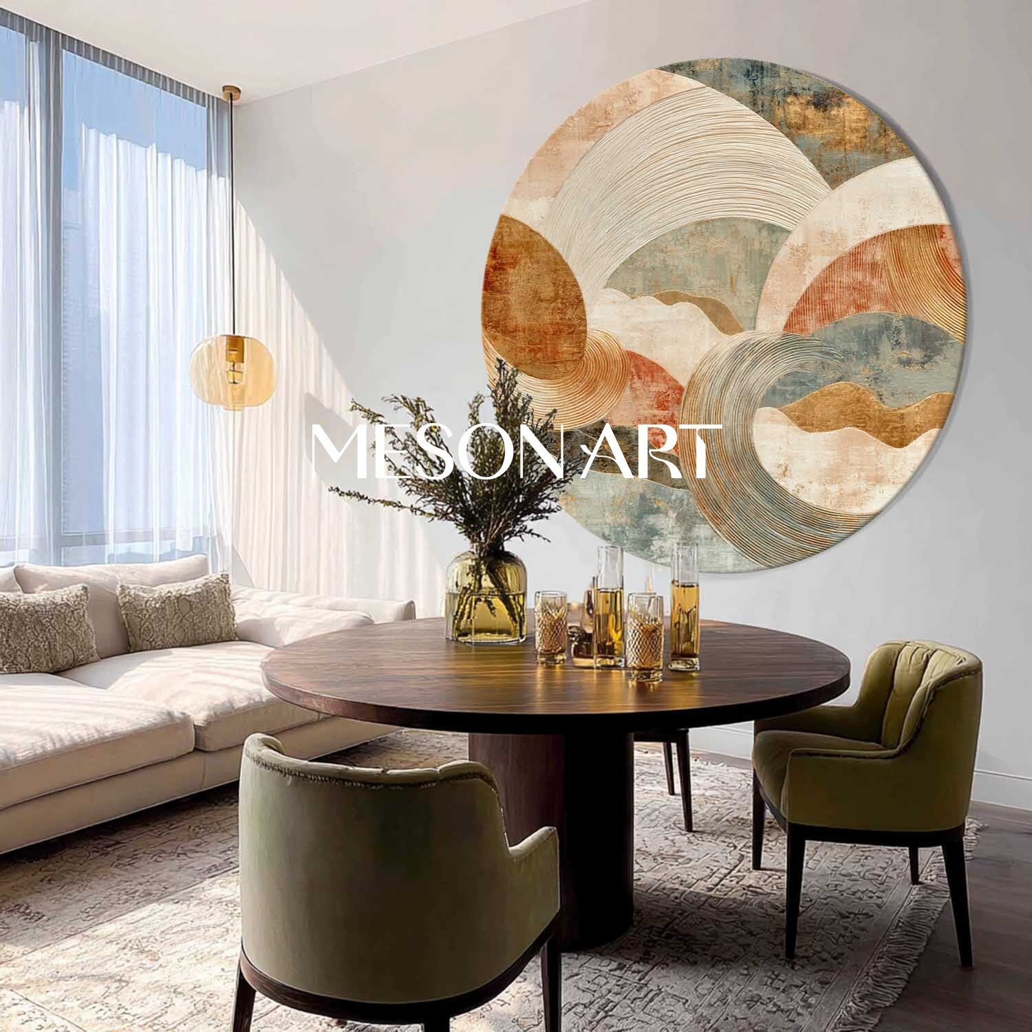 Earthy Tone Wave Abstract Round Canvas – Beige & Green Textured Canvas