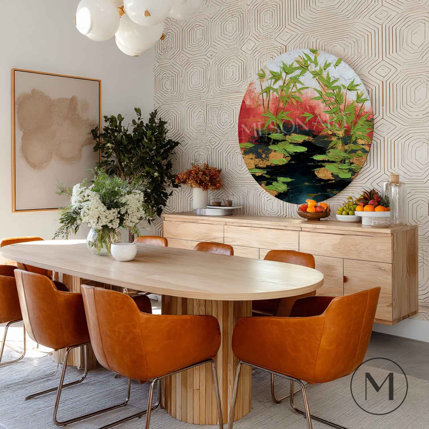 Wabi-Sabi Bamboo & Pond Wall Art Modern Bamboo Zen Wall Art Hand-Painted Round Textured Landscape