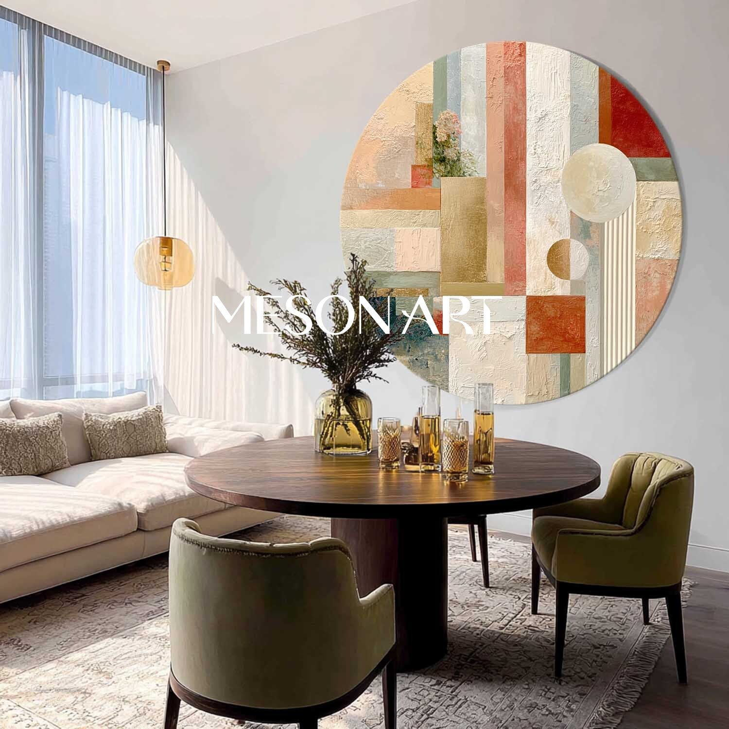 Large Round Abstract Wall Art – Neutral Beige & Gold Canvas